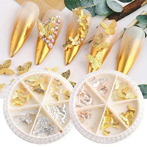2 Boxs 90 Pcs 3D Butterfly Nail Charms For Acrylic Nails,Gold Silver Rose Gold Alloy Butterfly Nail Glitter Nail Rhinestones,Metal Hollow Butterfly Nail Art Studs Nail Art Supplies Nail Decor Nail Gem #TOP5