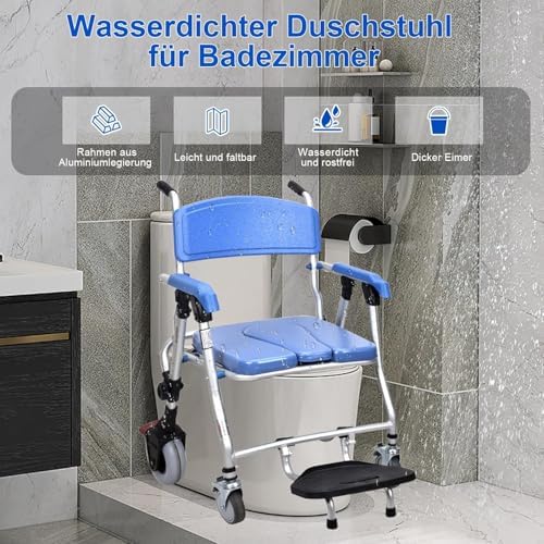 Krzesło toaletowe z kółkami, komoda prysznicowa dla seniorów i niepełnosprawnych, ergonomiczne oparcie, komoda nocna dla łatwej mobilności, nośność 150 kg