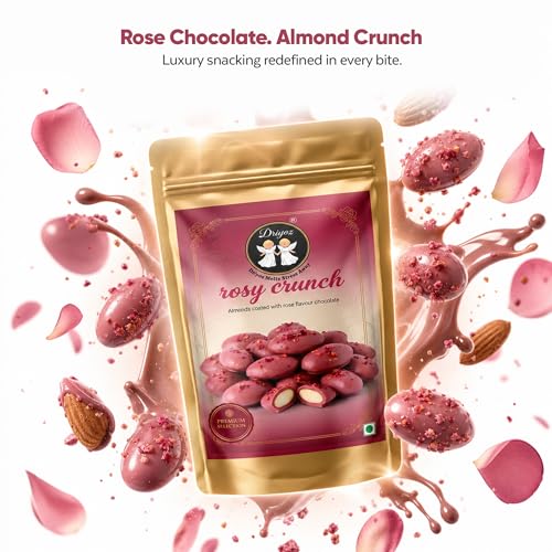 Image of DRIYOZ Rosy Crunch Rose Flavour Chocolate Coated Almonds 250g | Premium Crunchy Badam with Floral Chocolate Granules | Gourmet Sweet Nut Snack for Gifting & Celebrations