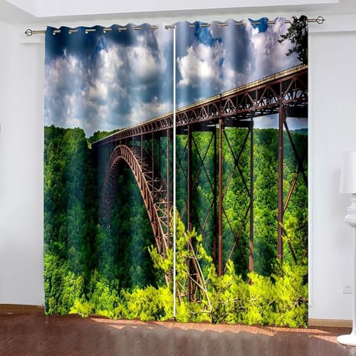 Wycian Gardinen Nach Maß Ösenvorhang Grün 2 Er Polyester Eisenbrücken und Bäume H115 X B86Cm für Schlafzimmer