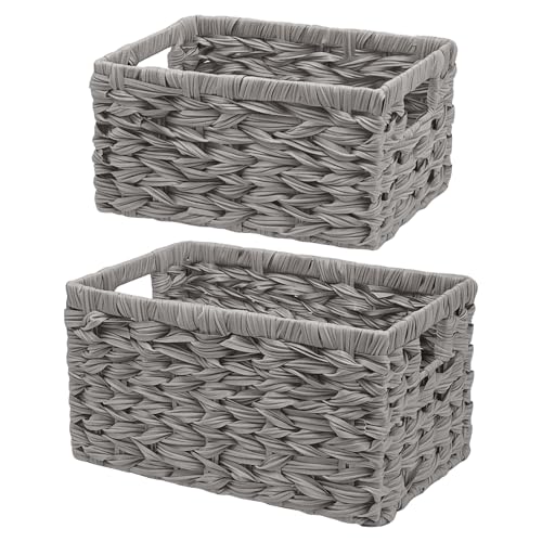 Wicker Storage Basket for Shelves, Waterproof Faux Rattan Storage Basket, Rectangular Woven Organizer Bin for Bathroom, Pantry & Countertop (Gray, L+S)