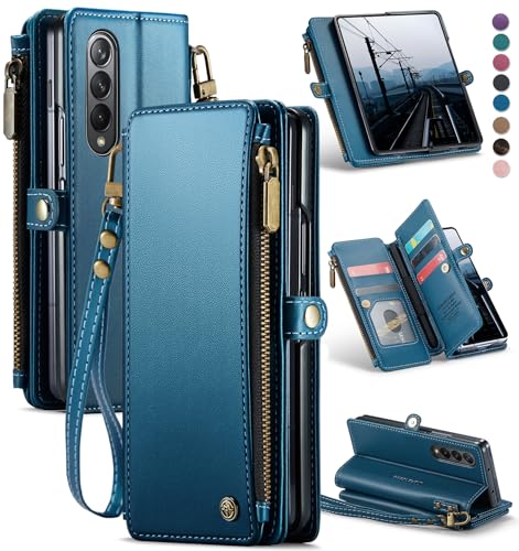 Defencase Wallet Case Compatible with Samsung Galaxy Z Fold 3 with RFID Blocking Card Holder & S Pen Holder PU Leather Magnetic Snap Flip Zipper Strap Phone Case Fit for Galaxy Z Fold 3, Dark Blue
