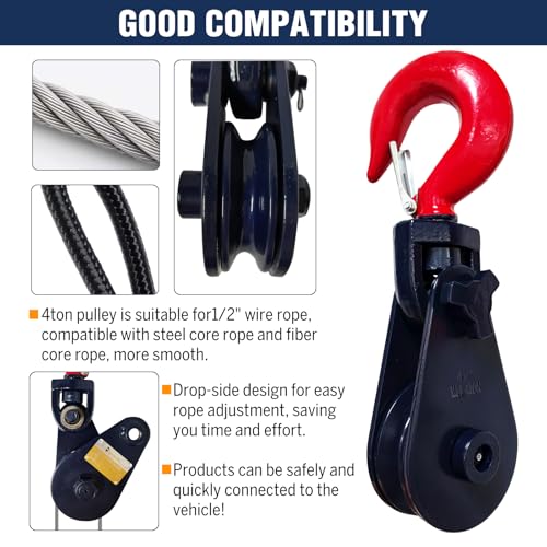 Bigorenda 4 Ton Snatch Block with Hook, 4.5" Sheave for 1/2" Wire Rope, 8800lbs Snatch Block Pulley for Car Hauler Rollback Wrecker, Tow Truck Winch Accessories (1PC) by Bigorenda - Image 7