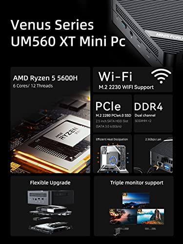 Minisforum Mini Pc Windows 11 Pro Um560 Xt Amd Ryzen 5 5600H 6 Cores/12 Threads,16Gb Ram 512Gb Pcie Ssd Mini Computer, 2.5 Inch Sata Hdd, 2 X Hdmi & Usb-C, 2.5G Rj45, 6 X Usb Port, Small Form Factor #TOP2