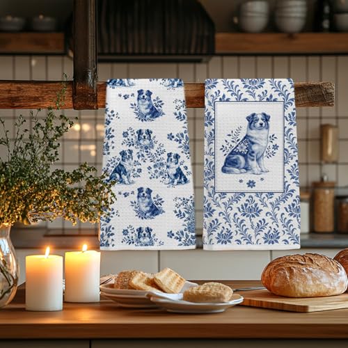 Image of Chinoiserie Australian Shepherd Kitchen & Hand Towels Set of 2, Blue and White Floral Dog Dish & Tea Towels for Kitchen Bathroom Decor, Vintage Toile Dog Lover Gifts for Women 16x24 Inch