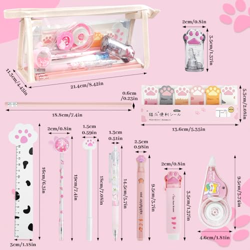 13 PCS Niedliche Katzenpfoten Pfote Schreibwaren Set, Kawaii Cartoon Mini Bleistiftspitzer Einziehbarer Radiergummi, Korrekturband, Punktierstifte, Lineal, Haftnotizen für Katzenliebhaber