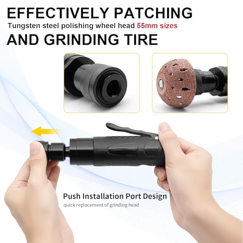 Image of Tire Patch Kit - 55mm Tungsten Steel Buffing Wheel with 2 Quick-Change Connectors, Tire Patch Roller & Scraper,Low Speed Air Tire Repair Buffer Tool