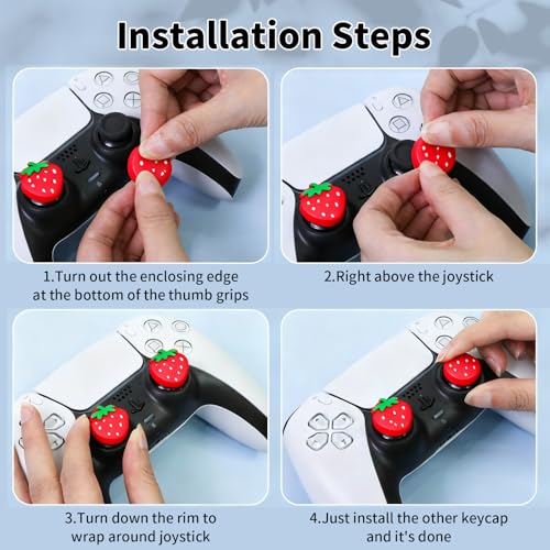 Image of PERFECTSIGHT Cute Peach Strawberry Thumb Grip Caps for Switch 2, PS5, PS4, Xbox Series X /S, Xbox One, Switch PRO Controller, 4PCS Kawaii Soft Rubber 3D Analog Thumbsticks Grips Joystick Cover