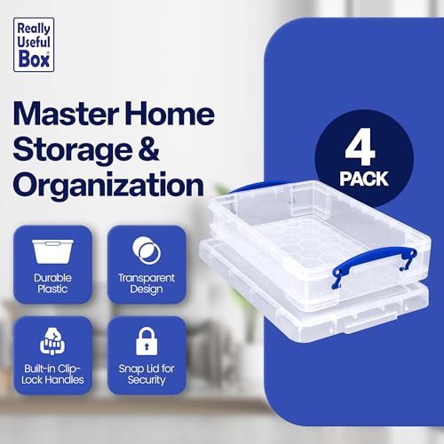 Image of Really Useful Box 4 Liter Plastic Stackable Storage Container w /Snap Lid & Built-In Clip Lock Handles for Home & Office Organization, Clear (4 Pack)