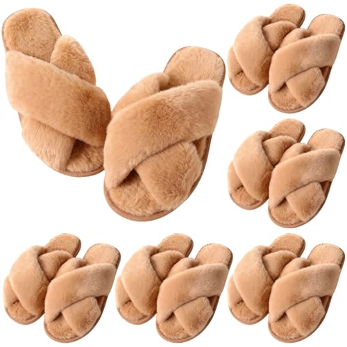 Image of VAIPI 6 Pairs Womens Cross Band Slippers Fuzzy Plush House Bridesmaid Slipper White | Black | Pink Open Toe Fluffy Slipper Soft Warm Bridal Slippers