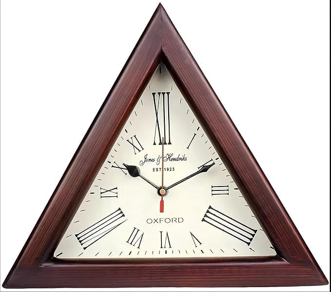 Brown Wooden Triangle Shape Wall Clock, Vintage Nautical Style Roman Number Silent Wall Clock, Mid Century Modern Operated Mantel Wall Hanging Clock for Living Room, Kitchen, Bedroom (16 Inch)