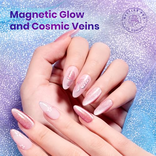 Image of Beetles Stardust Whisper Cat Eye Gel Polish Set - 6 Colors 15ML Full Size Spring Gel Polish Kit Glitter Cat Eye Pink Blue Purple Red Green Velvet Gel Magnet Soak Off UV French Nail Art Manicure Gifts