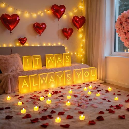 Image of Valentines Day Decorations - It was Always You Light Up Letters Luminary Bags, Romantic Decorations Special Night with Bright LED Candles and Fake Rose Petals, Engagement Party & Proposal Decor kit