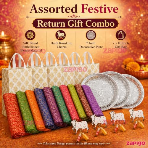 Image of Habba Blouse Piece with Cow Kumkum Set, Decorative Silver Plate & Laminated Carry Bag, Silk Blend Blouse Material Combo for Traditional Haldi Kumkum, Pooja Return Gifts, Navratri, Diwali - Pack of 5