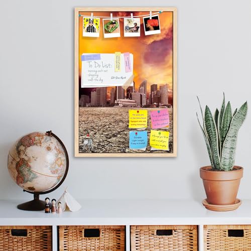 Image of ArtzFolio City Overlooking Desolate Desert | Bulletin Board Notice Pin Board | Vision Soft Board Combo with Thumb Push Pins & Sticky Notes | Natural Brown Frame | 20 x 30 inch (51 x 76 cms)