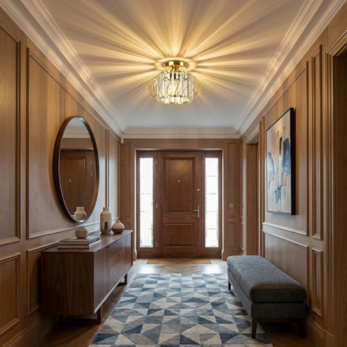 Image of Gold Crystal Ceiling Light Fixture - Small Crystal Chandelier Semi Flush Mount Ceiling Light Modern Hallway Lights fixtures for Entryway Bedroom Porch Kitchen (11 Inch, Bulb not Included)