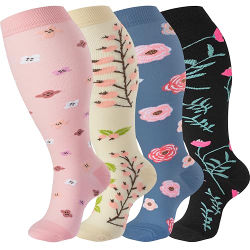 bropite 4 Pairs Plus Size Compression Socks Extra Wide Calf Women&Men 20-30mmHg Support Dancing Cycling Running Climbing