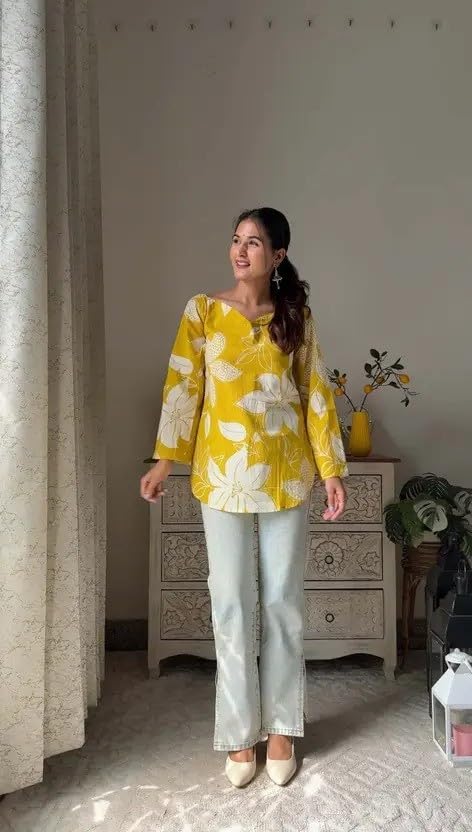 Image of Women's Short Kurti in Multicolor Rayon Cotton Blend | Ladies Ethnic Tunic | Office
