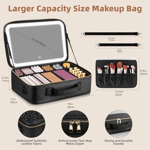 Jjhxr HD902-BLACK 15''X11'' Large Capacity Makeup Bag With Led Mirror thumb #3