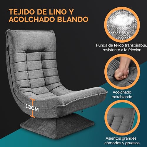 CASARIA® Sillón Relax Respaldo Ajustable 5 Posiciones Ergonómico Giratorio 360° Manual Carga 150kg Silla de Suelo Plegable Tapizado Gris 60x105x87cm - imagen 5