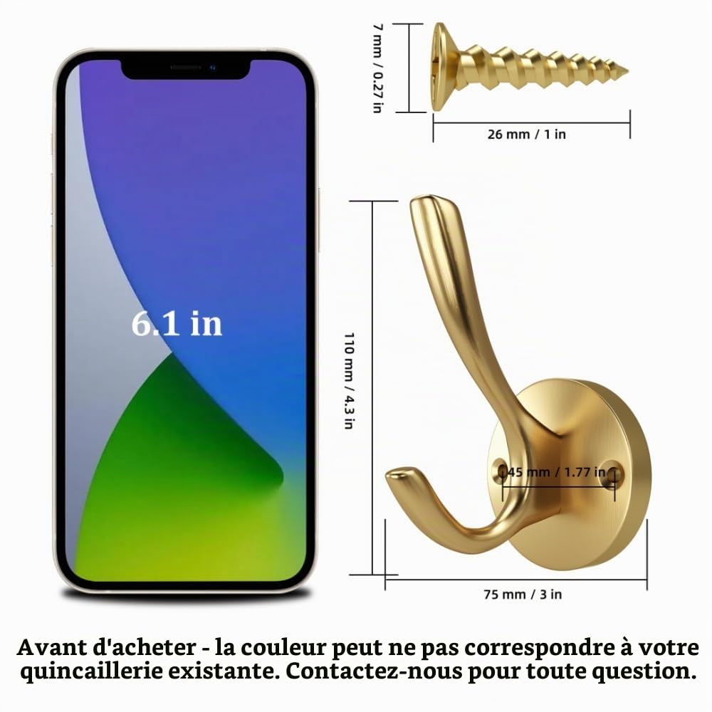 Crochets en Métal Solide Pour Manteaux, Chapeaux et Vêtements - 4 Pièces Muraux Pour la Maison, Doré