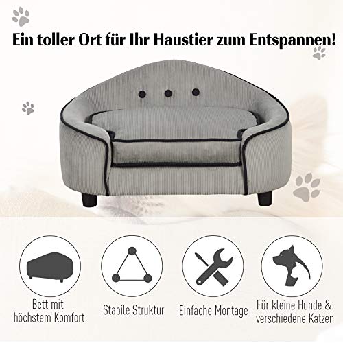 PawHut Haustiersofa, Hundebett, Hundematte, Hundesofa, Naturholz+Plüsch, Grau, 66,5 x 45 x 35,5 cm