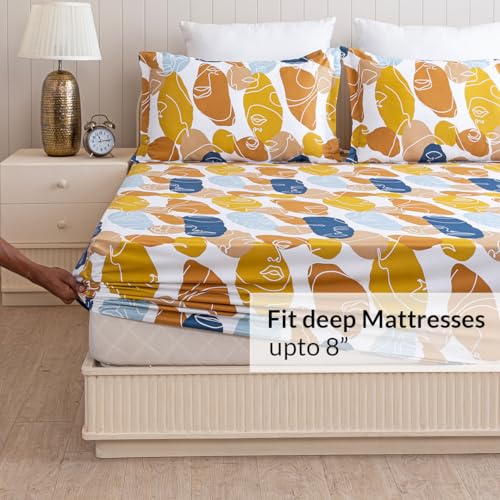 Image of HOMEMONDE 210 TC Premium Cotton Elastic Fitted Bedsheet for Single Bed - Faces of Color Design - Soft & Durable with 1 Matching Pillow Cover (72 x 36 Inch) | Perfect for Home Decor & Gifting