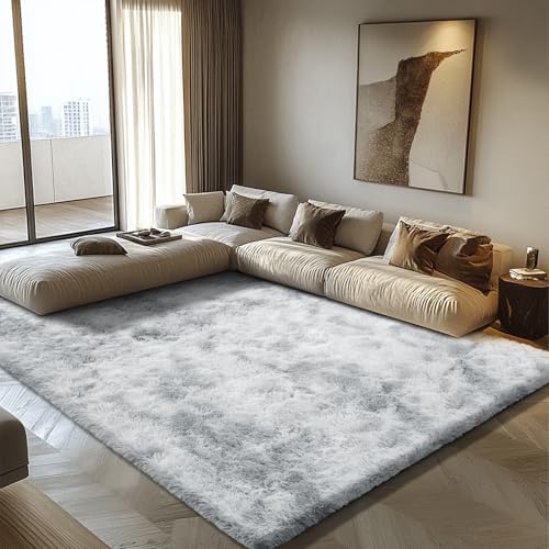 Ultra Soft Fluffy Area Rugs for Bedroom Living Room 10x14, Nursery Rug, Non-Slip Carpet for Kids Dorms Decor, Shaggy Bedside Rug, Tie-Dyed Light Grey