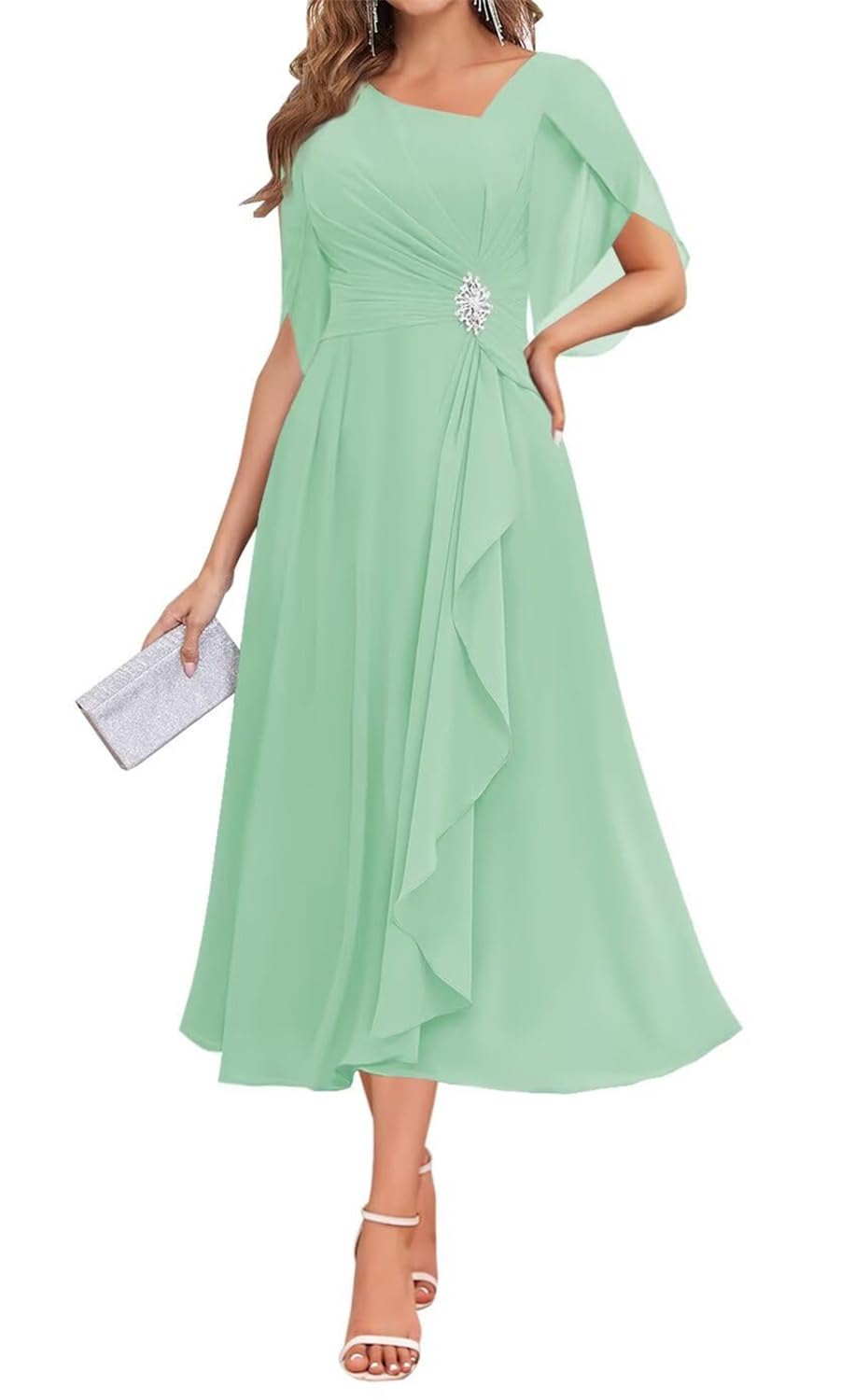 Kurface Women's Mint Green Chiffon Mother Of The Bride Dresses For Tea Length Formal Dress With Sleeves Evening Party Gown Uk12