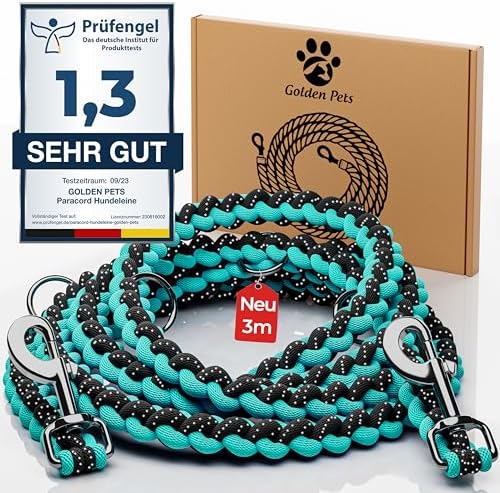 Testnote: Sehr gut - Hundeleine reflektierend I 3m, verstellbar, wetterfest & reißfest bis 250 kg I Paracord Führleine, Umhängeleine I kleine - große Hunde