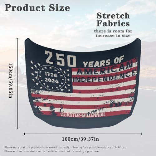 Image of 250 Years American Flag Print Car Hood Cover, Stretchable Breathable Automotive Hood Covers Protective Elastic Fabrics Car Hood Decoration and Protection Fit Truck Sedan SUV