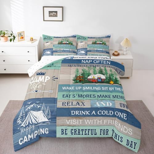 Image of Feelyou Kids RV Camping Duvet Insert Twin Size, Happy Camping Comforter Set Boys Girls Lake House Bedding Set Farmhouse Trailers Camper Teens Bedroom Decor Bed Set 2Pcs