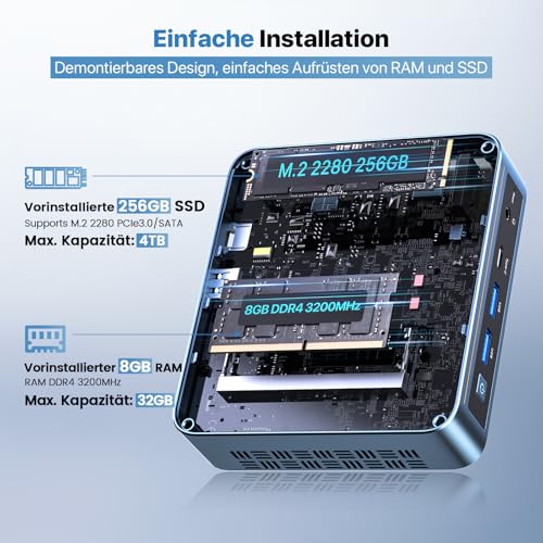Mini PC,Intel 12. Generation Alder Lake-N100 (bis zu 3,4 GHz),8 GB DDR4 RAM,256GB M.2 PCIe SSD, Desktop-Computer mit Unterstützung für USB3.2, WiFi 5, BT4.2 und Win 11 Pro