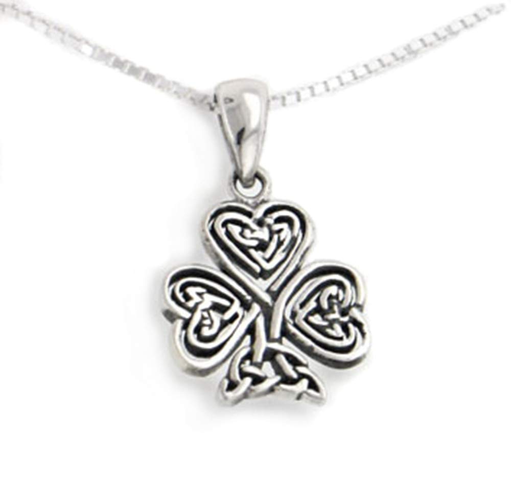 Celtic Knot Irish Shamrock 3-Leaf Clover Sterling Silver Pendant with 18" Necklace