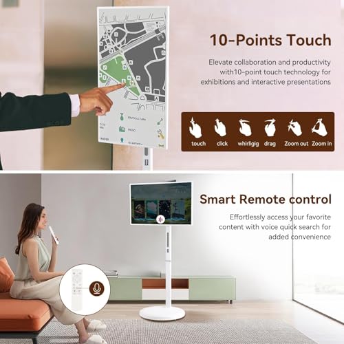 Image of 32 Inch UHD 4K Portable Smart TV on Wheels, 8GB + 128GB Storage, Android 15 OS, Rolling TV with Rotatable Touch Screen, Camera and Stand, Full Swivel Rotation, Voice Remote for Home, Outdoors