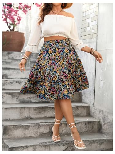 Women's Plus Size Floral Skirt Elastic High Waist A Line Flowy Ruffle Tiered Boho Summer Skirts3