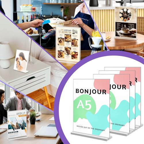 A5 Acryl Schilderhalter, 2 Stück Acryl Tischaufsteller, T Ständer Aufsteller Doppelseitiger Vertikaler Transparenter Kunststoff Display Rack für Bilderrahmen, Zuhause, Büro, Einzelhandel, Messe