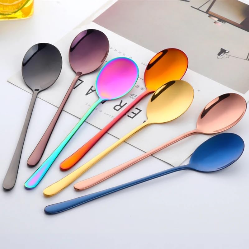 Spoons，Teaspoons， Dessert Spoons 10PC Colorful Stainless Steel Korean Dessert Spoon Gold Silver Coffee Spoon with Long Handle Ice Cream Mixing Tableware 10 Rainbow NO.3