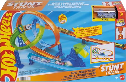 Image of Hot Wheels Toy Car Track Set, Stunt Tracks Rapid Cyclone Playset with 1:64 Scale Die-Cast Vehicle, 2 Loops & 2 Crash Zones, Speed Snap Track