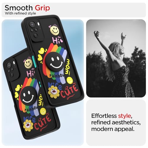 Image of Pikkme Back Cover for Redmi Note 10 / Note 10s / Note 11 SE | Soft Silicone| Cute Rainbow Smile & 3D Cartoon Flower Design | Shockproof Raised Camera Protection Bumper Case (Black)