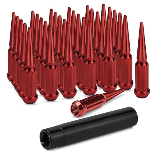 M12x1.5 Spike Lug Nuts, Set of 24 Red Spline Spiked Lug Nut with Key for Dodge Ram 1500, Toyota Tundra, Chevrolet Tahoe 2000-2024, Ram 2500 1994-2024, 12x1.5 Acorn Solid Metal Truck LugNut