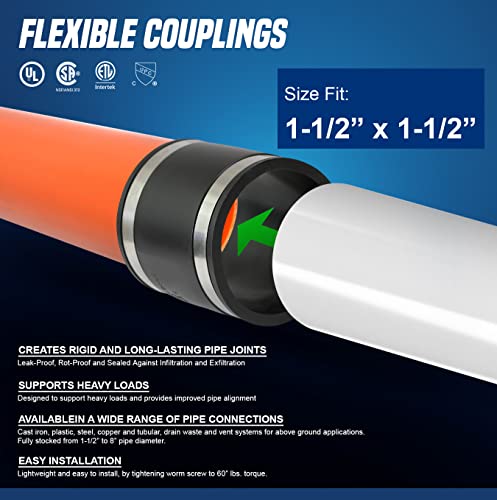 Image of SUPPLY GIANT 6I46Y30 Flexible PVC Coupling with Stainless Steel clamps 1-1 /2'', Black (pack of 10)