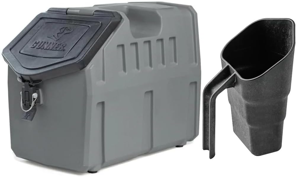 GUNNER 50 lbs Gunmetal Dog Food Storage Container with Measuring Scoop – Waterproof & Airtight Pet Food Bin for Dry Food, Corn, Chicken Feed, Bird Seed & Treats – 3 Cup Ergonomic Scooper