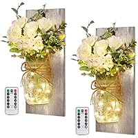 2 luces de pared de tarro de masón, colgantes de flores hechas a mano con temporizador de control remoto, luces LED de hadas, decoraciones de cocina de granja decoración de pared apliques