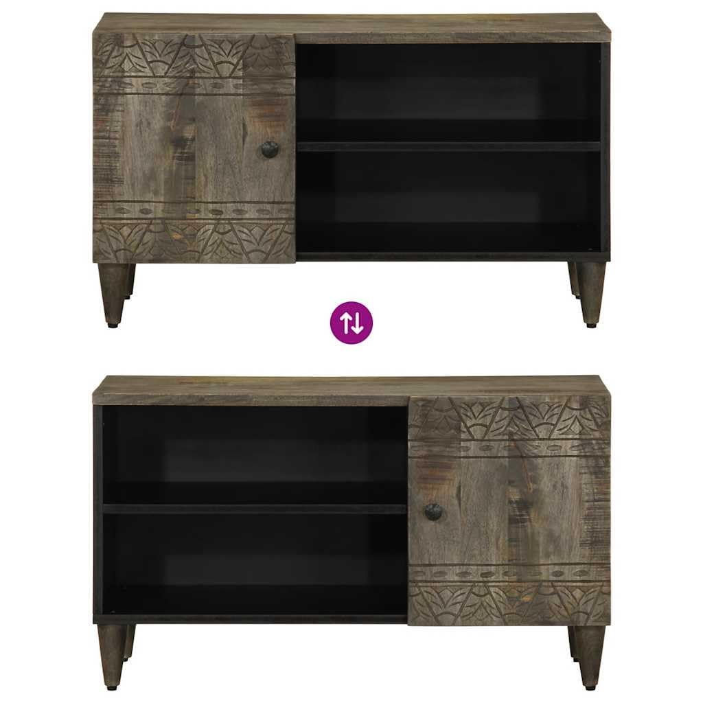Mobile TV grigio chiaro in legno di mango massiccio, 80 x 31,5 x 46 cm, mobile basso con cassetto, scomparto e porta, per soggiorno, camera da letto, hi-fi e videogiochi