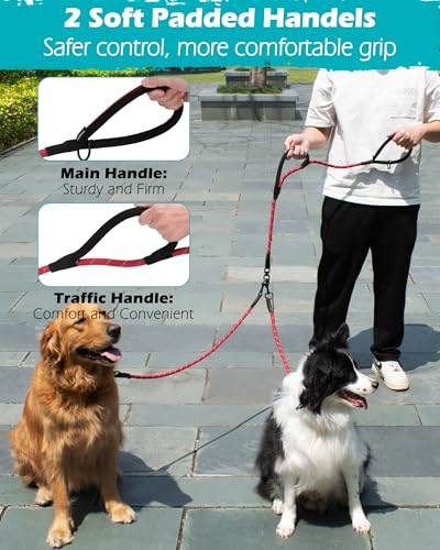 Laisse double pour chien 1,2 cm PetBonus rouge anti-emmêlement et réfléchissante - 5