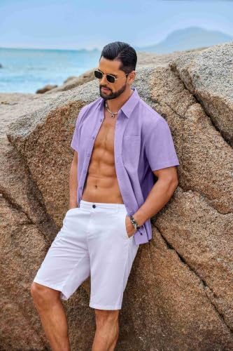Image of COOFANDY Men's Button Down Short Sleeve Shirt Casual Cotton Summer Beach Wedding Linen Shirts with Pocket