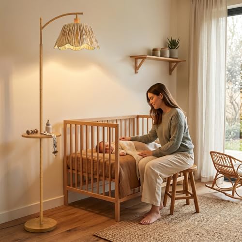 Image of Oneach 63.5 inch Floor Lamp with Table for Living Room, Boho Rattan Standing Lamps with Foot Switch, Farmhouse Floor Lamp for Bedroom, Arc Tall Lamp with Metal Base&Pole, Bulb not Included, Woodgrain
