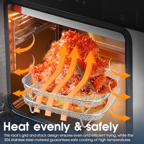 Image of Dual-Layer Air Fryer Rack Set with Elevated and Regular Support Legs. 304 Stainless Steel Mesh Baskets, Versatile Use for Air Fryer, Steamer, Oven, Dishwasher Safe.