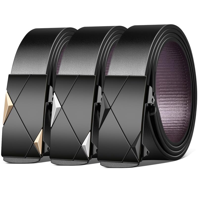SR 3SET PACK Casual Mens Belt,Ratchet Belts for Men Leather Adjustable for Jeans Black Golden Silver 43
